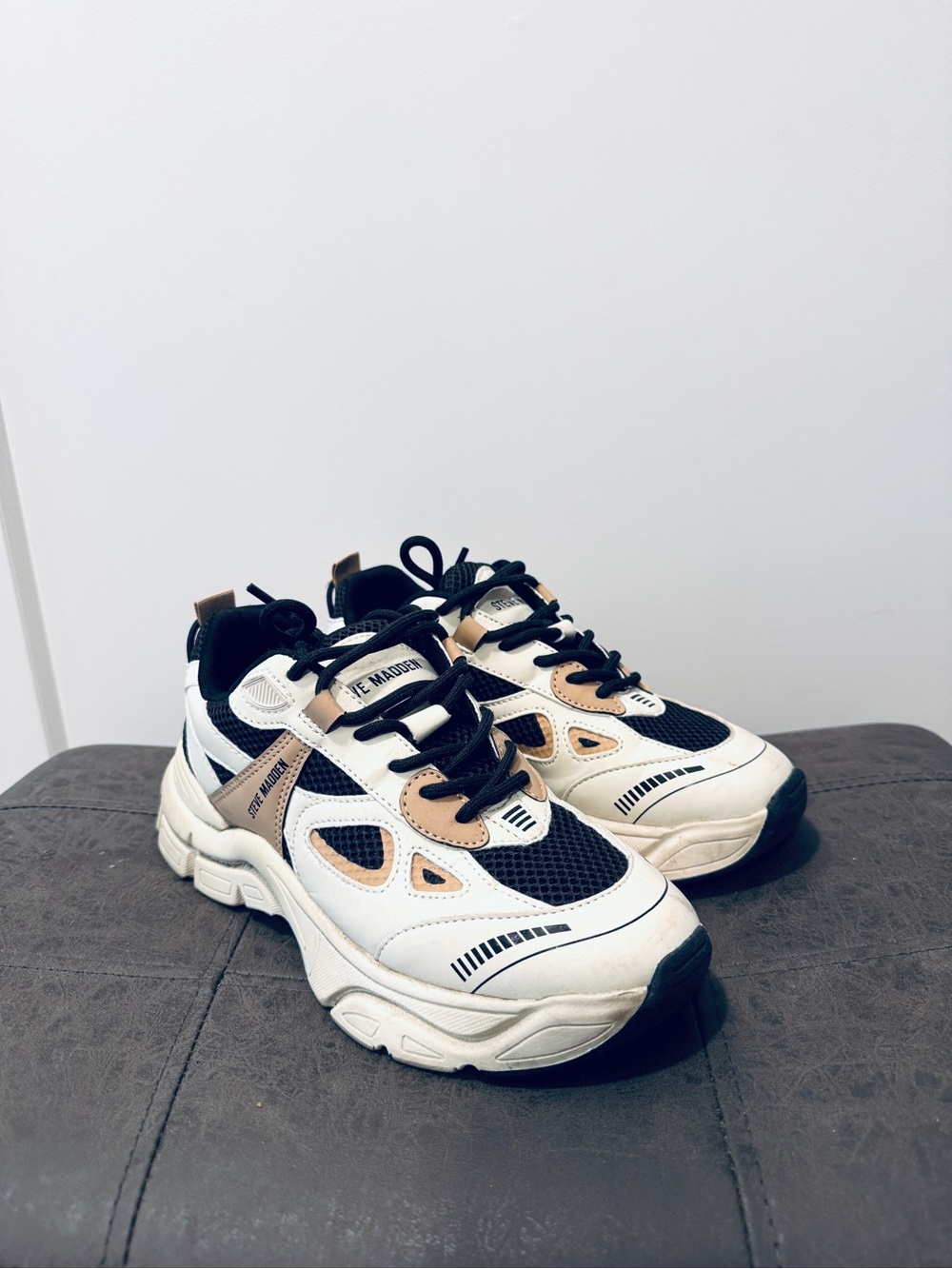 Steve Madden Women's Chunky Sneakers in White, Black & Tan